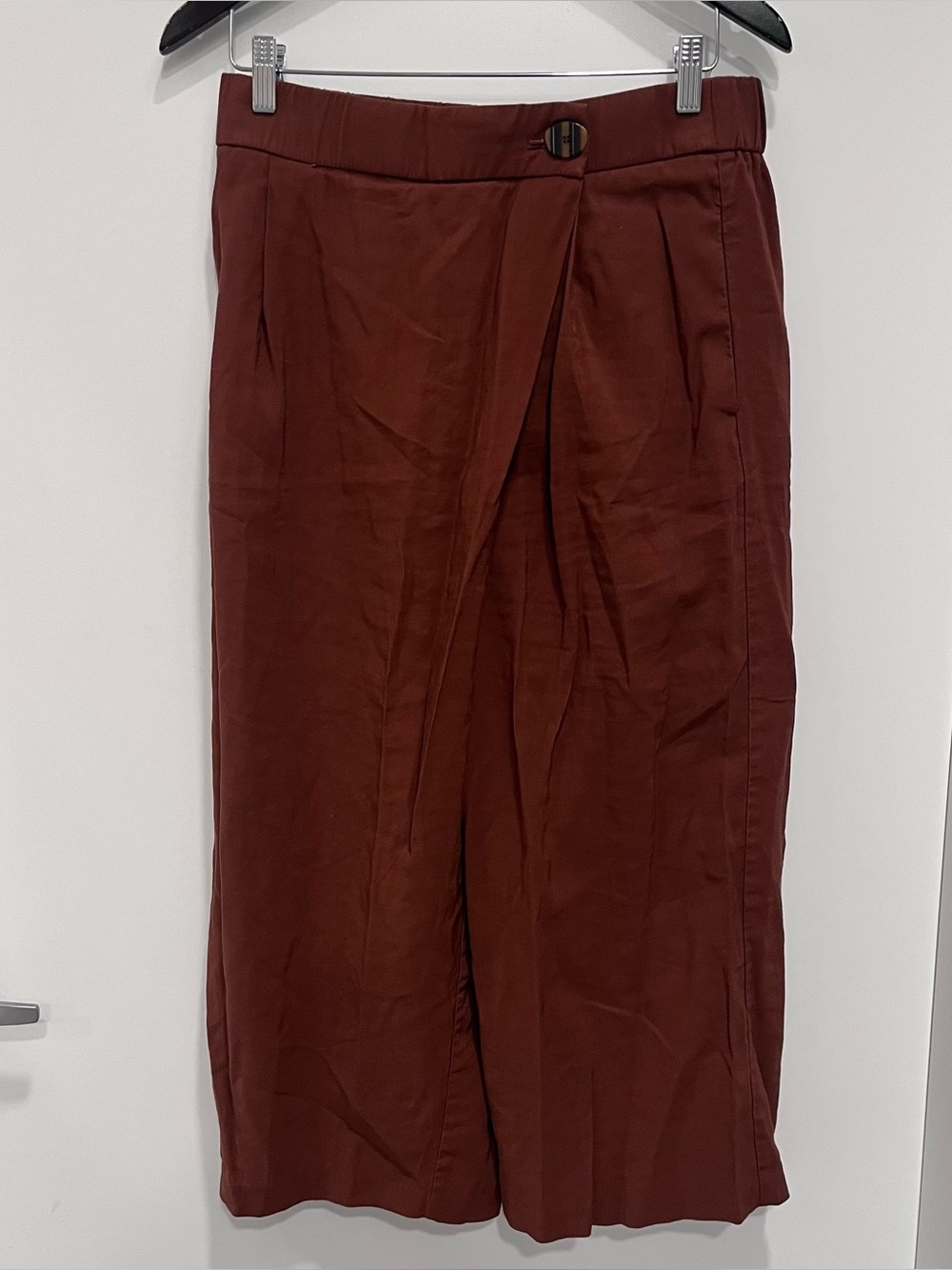 Zara Wrap Front Wide Leg Pants Rust Brown Orange Gaucho Button High Waist Large